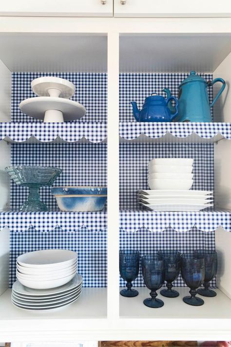 Self-adhesive shelf liner isn't just great for lining drawers, use it to inexpensively give glass-front kitchen cabinets or open shelving a big pop of color and vintage-style charm. Shelf Liner Ideas Kitchen Cabinets, Inside Kitchen Cabinets Lining, Kitchen Shelf Liner Ideas, Cabinet Shelf Liner Ideas, Shelf Liners Kitchen Cabinets, Cabinet Liner Ideas, Shelf Liner Ideas, Porch Shelves, Kitchen Shelf Liner