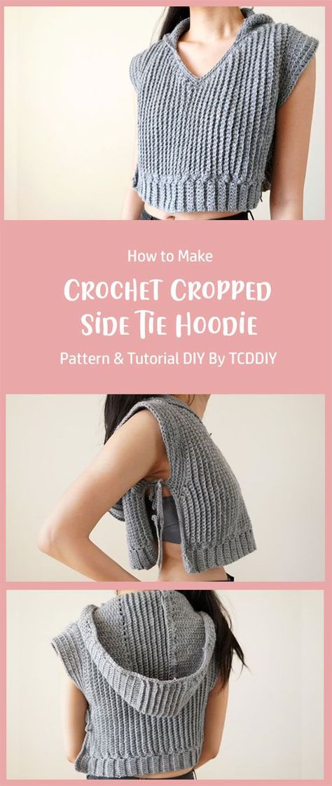 This pattern was made to teach how to make a Crochet Cropped Side Tie Hoodie . It is an easy to follow tutorial with detailed instructions on each step of the process. Cropped Hoodie Crochet, Crochet Cropped Hoodie, Hoodie Crochet Pattern, Vest Top Pattern, Hoodie Crochet, Crochet Vests, Crochet Cardigans, Crochet Hoodie, Crop Top Pattern