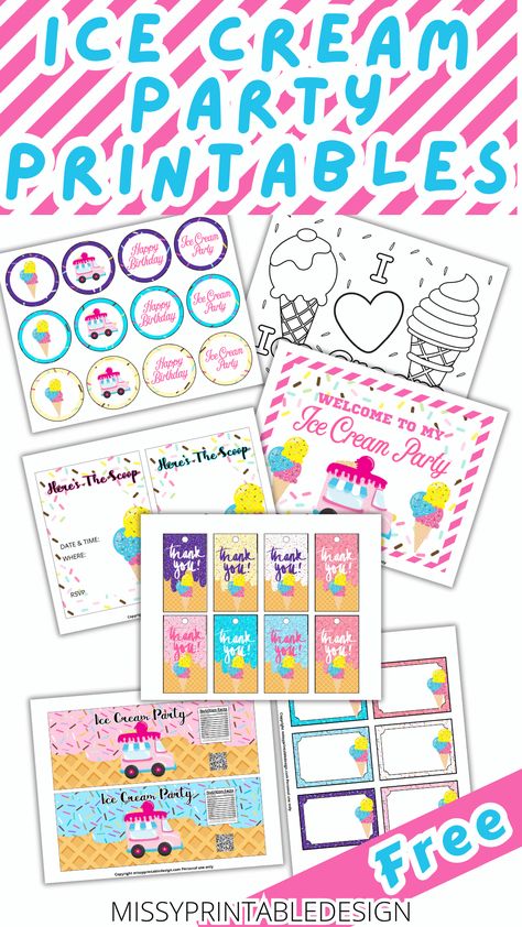 Ice Cream Party Ideas + Free Printables - MissyPrintableDesign Ice Cream Float Bar, Ice Cream Party Ideas, Ice Cream Party Invitations, Holiday Ice Cream, Ice Cream Party Theme, Ice Cream Sundae Bar, Ice Cream Coloring Pages, Blowing Up Balloons, Sundae Bar