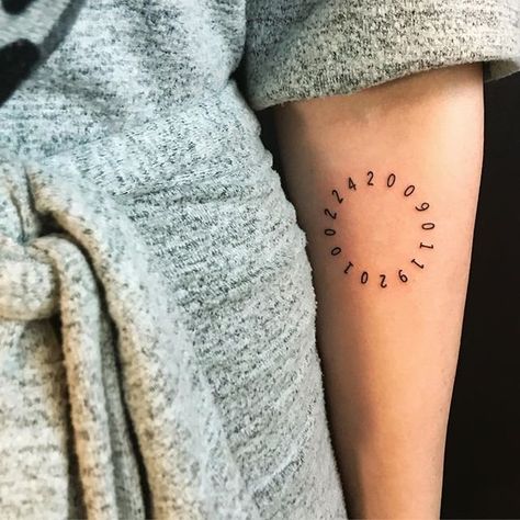 21 Number Tattoos That Honor Special Dates and Lucky Digits Unique Date Of Birth Tattoos, Tattoos Of Dates Births, Stacked Dates Tattoo, Unique Birthday Tattoos, Birth Time Tattoos Numbers, Unique Wedding Date Tattoo, Circle Dates Tattoo, Ten Year Anniversary Tattoo, Creative Date Tattoos