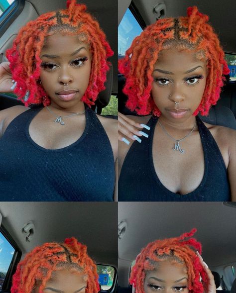 Dreadlock Dye Ideas For Black Women, Dreadloc Color Ideas, Two Color Hair Dye Ideas Locs, Dyed Dreads Women, Dyed Short Locs Black Women, Half Dyed Locs Black And Ginger, Cute Loc Colors, Two Toned Locs Black Women, Two Tone Loc Color