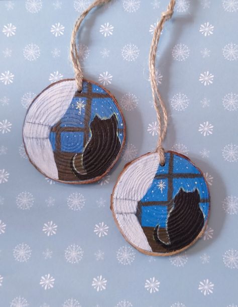 Black cat sat on the windowsill, gazing at the stars. Wood slice hanging decorations. Hand painted. Set of 2 by XPressNails on Etsy Gazing At The Stars, Wood Slice Decor, Bethlehem Christmas, Wood Slice Art, Hand Painted Cat, Star Painting, Wreath Hanger, Wood Burning Art, Wood Slice Ornament