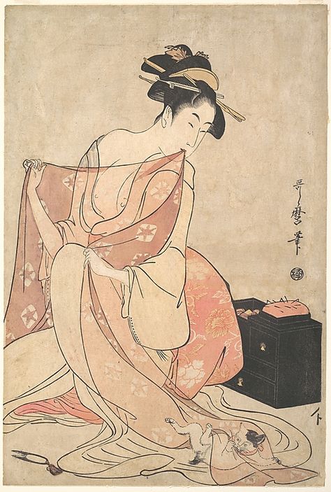 Kitagawa Utamaro (Japanese, 1753–1806). A Woman and a Cat, ca. 1793–94. Edo period (1615–1868), Japan. The Metropolitan Museum of Art, New York. H. O. Havemeyer Collection, Bequest of Mrs. H. O. Havemeyer, 1929 (JP1672) Art Chinois, Japanese Artwork, Art Asiatique, Japanese Geisha, Art Japonais, Edo Period, Arte Inspo, Japanese Woodblock Printing, Japanese Painting