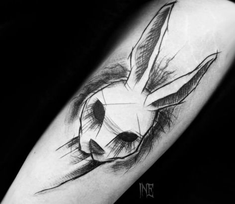 Rabbit head tattoo by Inne Tattoo Hase Tattoos, Hirsch Tattoo, Sketch Style Tattoos, Rabbit Tattoo, Wolf Tattoo Sleeve, Bunny Tattoos, Rabbit Tattoos, 4 Tattoo, Large Tattoos