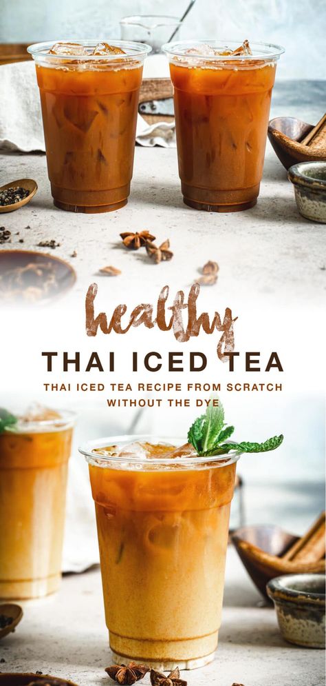 This sweet and creamy Thai Tea Recipe from Scratch is a decadent chilly caffeinated drink recipe without the harmful dyes. Sip this beautiful beverage with a bold ombre orange color to cool off or cool down when eating spicy Thai foods. #HealthyThaiIcedTea #ThaiIcedTeaRecipe #EasyThaiIcedTea How To Make Thai Tea At Home, Thai Tea Recipe Authentic, Cold Teas Recipes, Thai Tea Recipe Easy, Healthy Thai Tea Recipe, Tropical Tea Recipe, Unique Tea Recipes, Different Tea Recipes, Diy Ice Tea Recipes