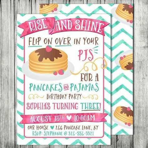 Pajama Party Invitations, Ten Birthday, Pjs Party, Party Breakfast, Birthday Pancakes, Pajama Birthday Parties, Birthday Breakfast Party, Breakfast Birthday, Pancake Party