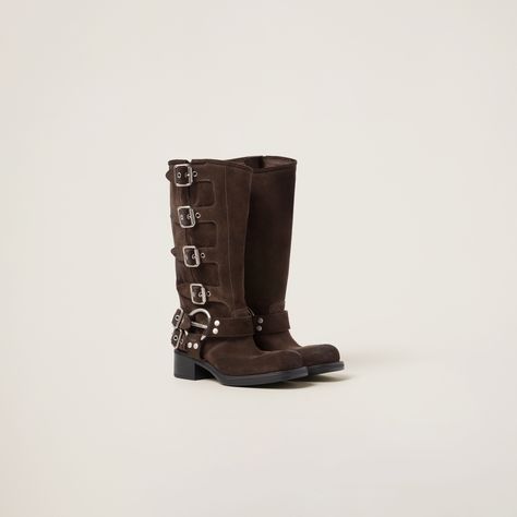 Upper with straps and buckles and logo-engraved harness ring Leather lining 32 cm boot leg Rubber sole 50 mm heel Leather insole Dark Brown Suede Boots, Ring Leather, Miu Miu Handbags, Brown Suede Boots, Ankle Boots For Women, Designer High Heels, Miu Miu Shoes, Buckle Boots, Biker Boots