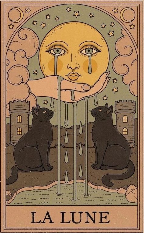 Tarot Cards Art Illustration, Whats Wallpaper, Affiches D'art Déco, The Moon Tarot, Tarot Cards Art, Tarot Art, Arte Obscura, Cat Posters, Vintage Poster Art