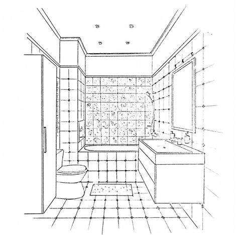 Bathroom Perspective Drawing, Japan Bathroom, One Point Perspective Room, Bathroom Sketch, Toilet Drawing, Bathroom Drawing, Perspective Room, Round House Plans, Interior Design Sketchbook