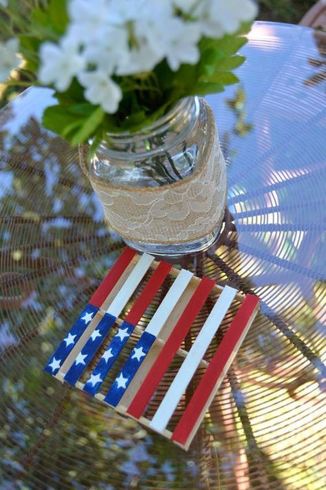 Mini Pallet Coasters | The DIY Life Popsicle Sticks Ideas, Crafts Popsicle Sticks, Mini Pallet Coasters, Paint Stick Crafts, Wood Pallet Crafts, Popsicle Stick Crafts House, Pallet Coasters, Pallet Flag, American Flag Decor