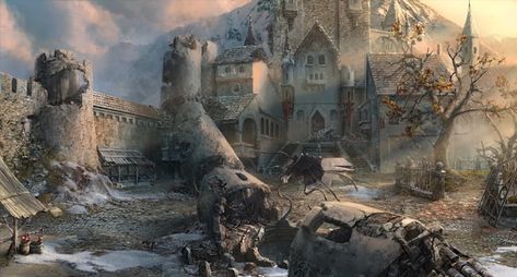 Ruined City, Rpg Map, Medieval World, Fantasy Castle, Fantasy Places, Fantasy Setting, Game Concept Art, Fantasy Art Landscapes, City Landscape