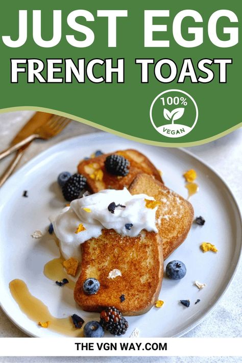 Need a breakfast or brunch idea that is  wheat-free, dairy-free and egg-free? This Just Egg French toast is perfect. It's made with an eggless, dairy-free custard and has cinnamon and vanilla for great flavor. With a crispy outside and creamy center. Wheat Free Breakfast, Egg French Toast, Dairy Free Custard, Gluten Free French Toast, Gluten Free Vegan Bread, Vegan Breakfast Options, Just Egg, Nourishing Food, Vegan French Toast