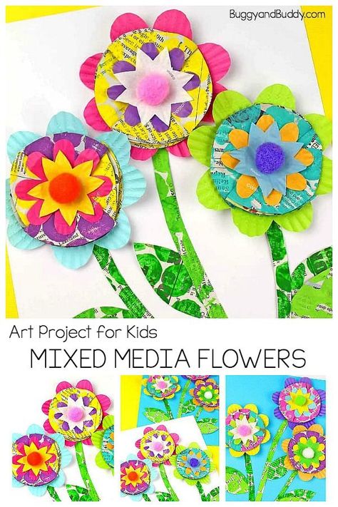 Mixed Media Flower Art Project for Kids: Use a variety of materials to create gorgeous floral artwork and crafts with kids. Great for spring or Mother's Day! #buggyandbuddy #springcrafts #mothersdaycrafts #flowercrafts #artprojects #artprojectsforkids #craftsforkids #kidscrafts Flower Art For Kids, Flower Art Project, Spring Art For Kids, Crafts With Kids, Spring Flower Art, Art Project For Kids, Crafts For Teens To Make, Arts And Crafts House, Project For Kids