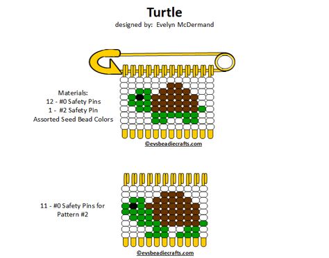 Safety Pin Bead Art, Bead Turtle Pattern, Bead Pins, Beaded Safety Pin Patterns, Friendship Safety Pins, Sea Turtle Bead Pattern, Beads Safety Pins, Beaded Hermit Crab Tutorial, Beaded Animal Keychain Tutorial