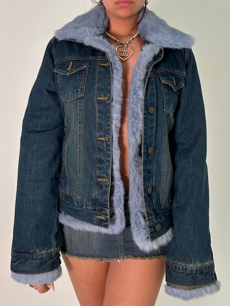 00s DENIM & FUR TRIM JACKET Fur Denim Jacket, Fur Trim Jacket, Blue Rabbit, Denim Jacket With Fur, Danielle Guizio, Vivienne Tam, Jacket With Fur, Vintage Valentino, Fausto Puglisi