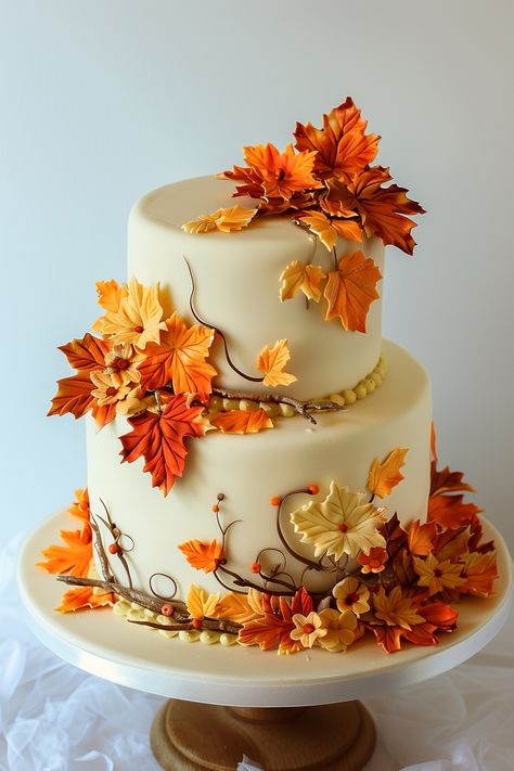 🍰 Elevate your baby shower with these elegant 2-tier fall cake designs! Perfect for making a statement, these cakes blend beautiful autumn motifs with sophisticated designs. 🍁 Each cake is a masterpiece, sure to impress your guests and make your celebration unforgettable. Find the perfect 2-tier cake to celebrate your baby’s arrival! 🌟 Fall Color Cake Ideas, Fall Birthday Theme Ideas, Autumn Cake Design, Autumn Cake Birthday, Fall Theme Birthday Cake, Autumn Theme Cake, Simple Fall Cake, Autumn Cake Decorating, Autumn Cake Ideas Birthday