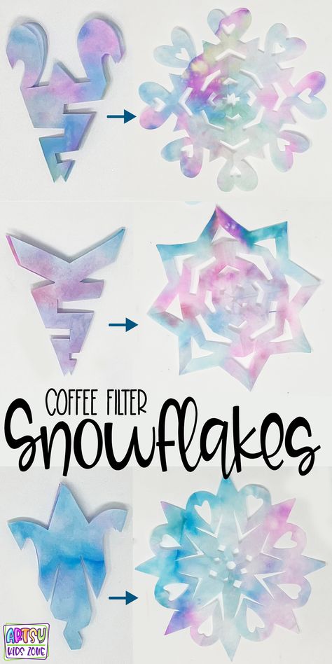 How To Make A Snowflake: A Coffee Filter Snowflake Craft for Kids Coffee Filter Christmas Crafts For Kids, Snowflake Craft For Kids, Fractions Craft, Coffee Filter Snowflakes, Snowflakes For Kids, Coffee Filters Snowflakes, Disney Pumpkin Painting, Make A Snowflake, Coffee Filter Art