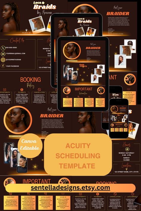 Orange, gold and brown website design ad with examples in mobile phones and tablet veiws. Branding Hairstylist, Hairstylist Branding, Scheduling Template, Hair Braider, Diy Branding, Tech Branding, Brand Stylist, Canva Website, Branding Template