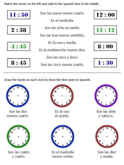 Spanish Time Worksheet, Clocks Worksheets, Telling Time In Spanish, Time In Spanish, Weather Worksheets, Homeschool Spanish, Spanish Lessons For Kids, Learn Spanish Online, Spanish Worksheets