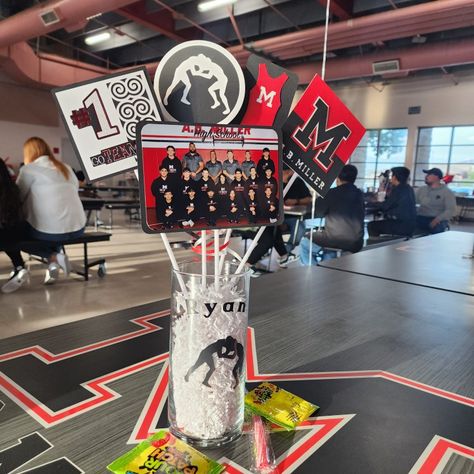 Hockey Banquet Decorations, Senior Night Ideas Wrestling, High School Wrestling Banquet Ideas, Wrestling Centerpiece Ideas, Wrestling Graduation Party Ideas, Wrestling Banquet Centerpieces, Senior Wrestling Gifts, Wrestling Senior Night Ideas Poster, Wrestling Decorations