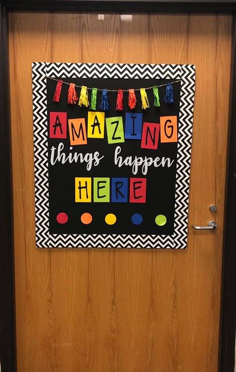 Amazing Things Happen Here Bulletin Board, Amazing Things Happen Here Door, Amazing Things Happen Here Bulletin, Amazing Things Happen Here, Softboard Ideas, Character Bulletin Boards, Rainbow Theme Classroom, Fall Classroom Door, Ks2 Classroom