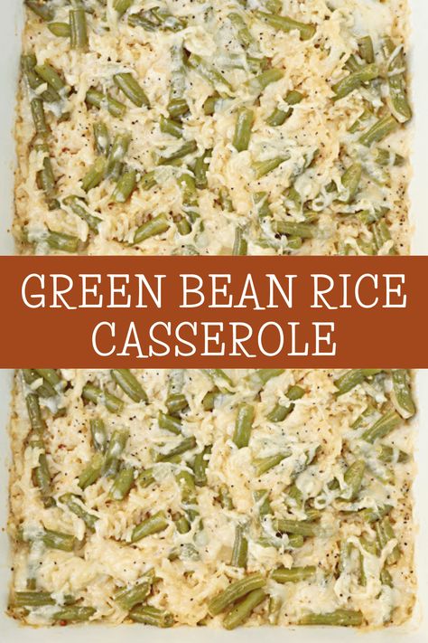 Green Bean Rice Casserole ~ Oven-baked rice with tender green beans, topped with a savory cheese blend. Easy Vegetarian or Vegan side dish. via @thiswifecooks Green Bean Rice Casserole, Bean Rice Casserole, Cream Of Mushroom Rice, Oven Baked Rice, Cheesy Green Beans, Bean Rice, Mushroom Rice, Rice Casserole Recipes, Greenbean Casserole Recipe