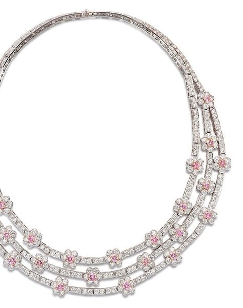 Pink Diamond Necklace, Diamond Parure, The Bling Ring, Silver Diamond Necklace, Pink Diamonds, Flower Motifs, Bridal Diamond Jewellery, Ear Clips, Purple Sapphire