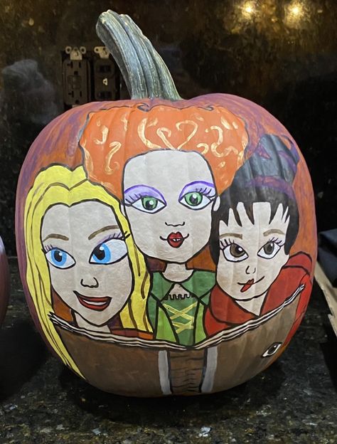 Sanderson Sister Painted Pumpkins, Casper Pumpkin Painting, Hocus Pocus Pumpkin Painting Ideas, Easy Hocus Pocus Painting, Pumpkin Painting Hocus Pocus, Sanderson Sisters Pumpkin Painting, Pumpkin Painting Ideas Hocus Pocus, Hocus Pocus Painted Pumpkin, Hocus Pocus Pumpkin Decorating