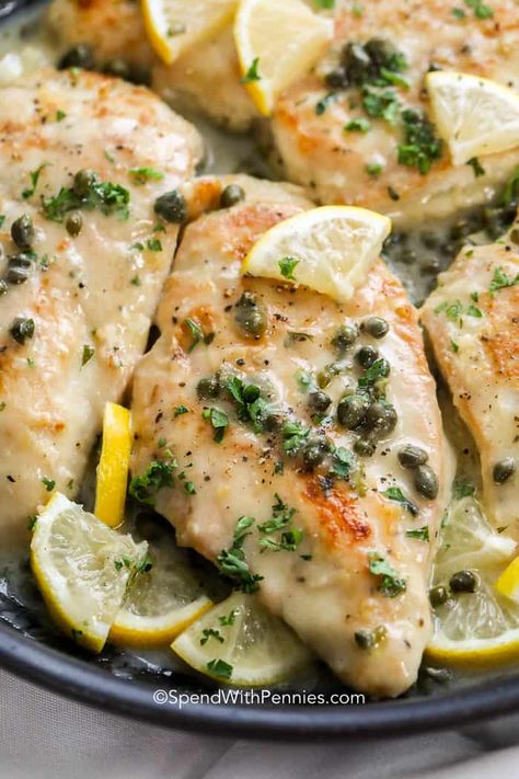 Chicken Piccata is an easy Italian meal. Tender chicken breasts are seared until golden and simmered in a fresh lemon caper white wine sauce. Serve this easy (yet seemingly fancy) dish over pasta! #spendwithpennies #Italianmeal #pastarecipe #chickenrecipe #chickenpiccata Chicken Piccata With Lemon Sauce, Roasted Vegetables With Chicken, Piccata Sauce, Shrimp Linguine, Chicken Piccata Recipe, Oven Baked Chicken Breasts, Fancy Dishes, Spend With Pennies, Chicken Noodle Soup Homemade