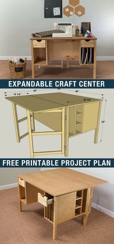 DIY Expandable Craft Center | Free printable project plans on buildsomething.com | Whether you’re working on craft projects, sewing, or pursuing another hobby, this craft table offers a large work surface that can be expanded when you need even more room. Plus this table has storage for all of your supplies. Build one for yourself, and you’ll be set to get your craft on! Easy Wood Projects, Easy Wood, Woodworking Projects That Sell, Diy Holz, Wood Crafts Diy, Beginner Woodworking Projects, Wood Plans, Woodworking Projects Plans, Woodworking Plans Free