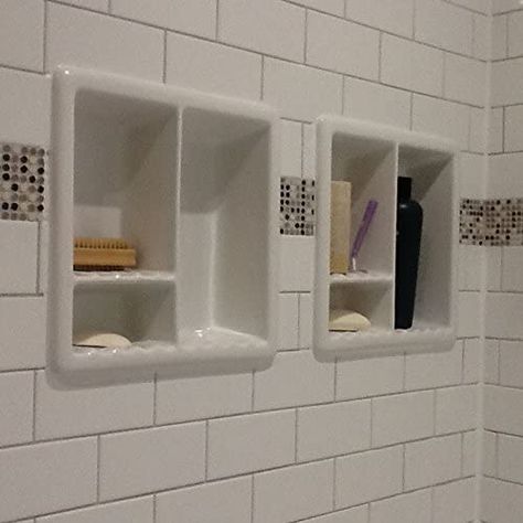 10 Shower Niche Ideas for Built-in Bathroom Storage - Bob Vila Shower Shelf Ideas Built Ins, Shower Shelf Ideas, Shower Niche Placement, Shower Niche Ideas, Built In Bathroom Storage, Shampoo Niche, Shampoo Shelf, White Marble Shower, Niche Shelves