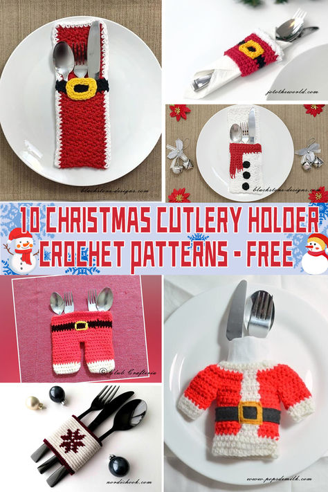 10 Christmas Cutlery Holder Crochet Patterns – FREE - iGOODideas.com Crochet Cutlery Holder, Crochet Christmas Table Decorations, Elf Stocking Pattern, Christmas Silverware Holder, Christmas Cutlery, Crochet Christmas Ornaments Free, Crochet Stocking, Mitten Ornaments, Christmas Crochet Pattern