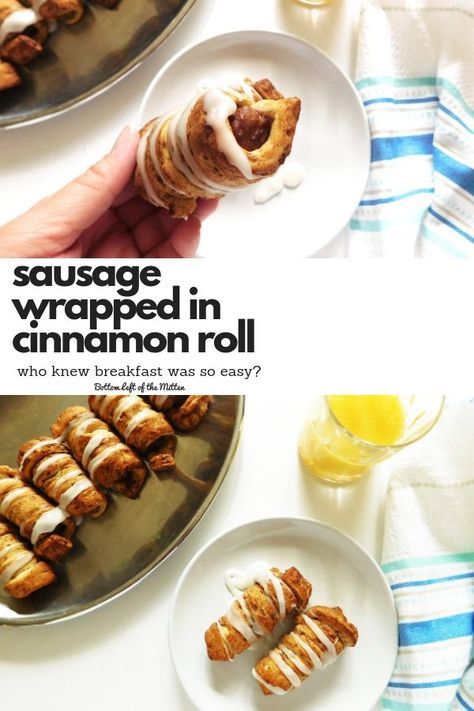 Sausage Wrapped in Cinnamon Roll make for the perfect breakfast when you are looking for something different. They also make a great afternoon snack! #cinnamonrolls #breakfast #sausage #snacks via @bottomleftofthe Sausage Wrapped In Cinnamon Rolls, Cinnamon Roll Wrapped Sausage, Sausage Snacks, Family Friendly Breakfast, Sausage Wrap, Great Snacks, Breakfast Sausage, Breakfast Casseroles, The Best Breakfast