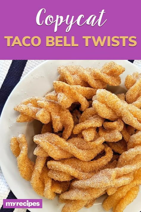 Copycat Taco Bell Cinnamon Twists | "Our take on Taco Bell’s Cinnamon Twists taste just like the real thing, minus the drive-thru experience. They’re super light and crunchy, and the cinnamon-sugar mixture provides the perfect balance of sweetness and spice." #snacks #snackrecipes #snackideas #tacobell #copycat #copycatrecipes #cinnamontwists #dessert How To Make Taco Bell Cinnamon Twists, How To Make Cinnamon Twists, Copycat Recipes Taco Bell, Copycat Taco Bell Recipes, Copycat Snack Recipes, Tacobell Copycat Recipes, Taco Bell Desserts, Copycat Snacks, Taco Bell Cinnamon Twists