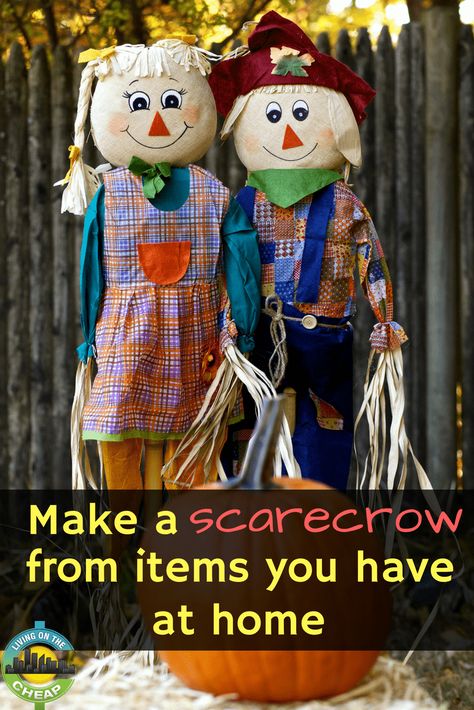 Make a scarecrow from items you have at home - Living On The Cheap Scarecrow For Porch, How To Make A Scarecrow Diy, Funny Scarecrow Ideas, Make Your Own Scarecrow, The Scarecrows Wedding, Scarecrow Ideas, Scarecrow Mask, Scarecrow Decorations, Make A Scarecrow