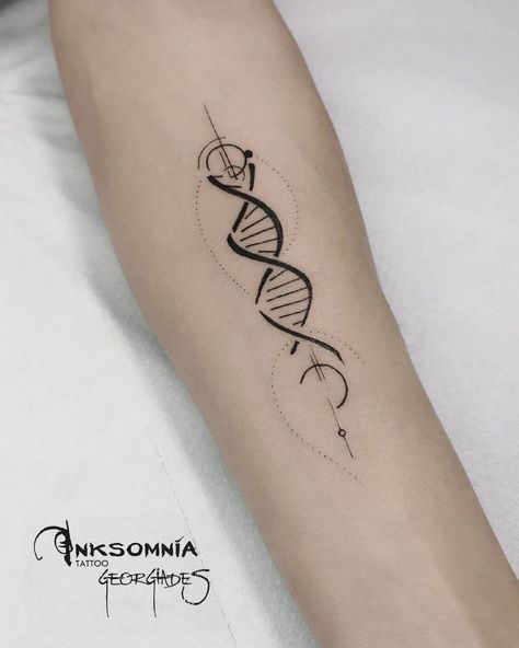 Unique DNA Infinity Tattoo Dna Wrist Tattoo, Simple Dna Tattoo, Harmonic Series Tattoo, Dna Tattoo Family, Biochemistry Tattoo, Neurodivergent Tattoo Ideas, Detachment Tattoo, Dna Helix Tattoo, Simple Bicep Tattoo