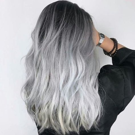 black-to-platinum-blonde-medium-length-ombre-hair-brown-to-blonde-black-satin-shirt Silver Hair Medium Length, Silver Hair Dark Roots, Drastic Hair Color, Pelo Color Ceniza, Platinový Blond, Long Hair Waves, Silver Hair Color, Spring Hair Color, Long Hair Color