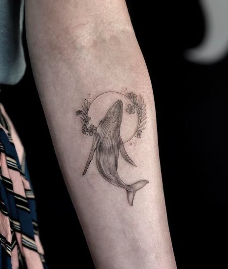 Fine line Humpback whale tattoo with floral hoop - designed and inked by an incredible Cape Town artist in South Africa. In. Love. Whale Tail Tattoo, Humpback Whale Tattoo, Shark Jaws Tattoo, Tattoo Whale, Narwhal Tattoo, Narwhal Art, Whale Tattoo, Bts Tattoos, Whale Tattoos