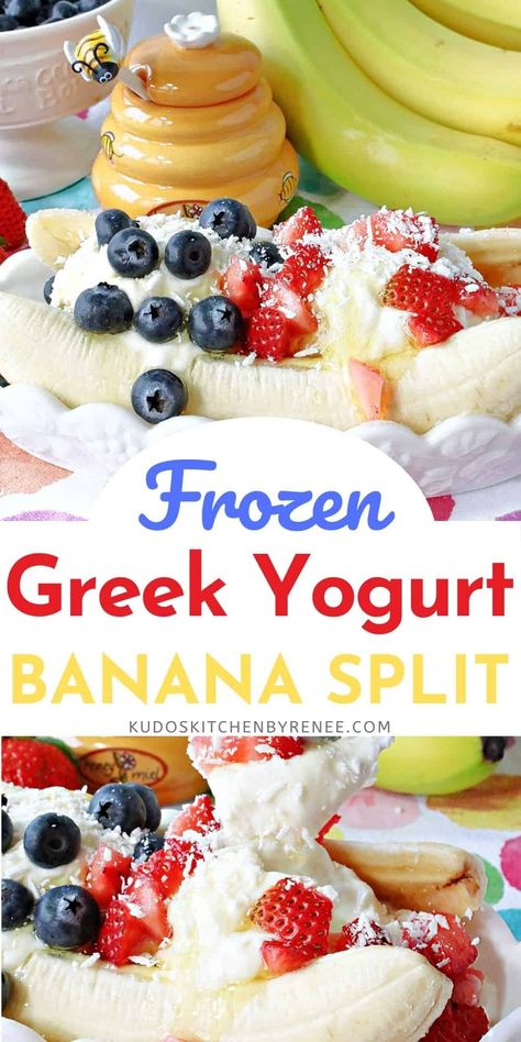 When you want to indulge in something rich and sinful, but it's not, then this Frozen Greek Yogurt Banana Split is where it's at! #frozenyogurt #frozengreekyogurt #bananasplityogurt #frozendessert #greekyogurt #nobakedessert #frozentreat #frozengreekyogurtbananasplit #kudoskitchenrecipes Greek Yogurt Banana Split, Healthy Banana Split Dessert, Whipped Greek Yogurt, Healthy Banana Split, Greek Yogurt Dessert, Greek Yogurt Breakfast, Yogurt Banana, Frozen Greek Yogurt, Banana Split Dessert