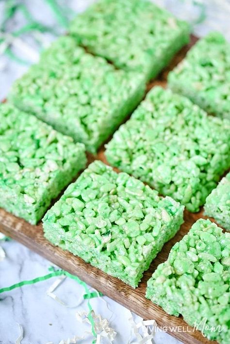 These Jello-Lime Rice Krispies treats are easy to make and perfect for St Patrick’s Day or any time you want a fun green-colored treat. The lime jello adds a fun flavorful twist to the classic favorite #stpatricksday #ricekrispies #ricekrispietreats #glutenfree #glutenfreerecipes Green Rice Crispy Treats, Green Rice Krispie Treats, St Patricks Food, St Patrick Day Snacks, Vbs Snacks, Green Rice, Rice Krispies Treats, St Patricks Day Food, Krispies Treats