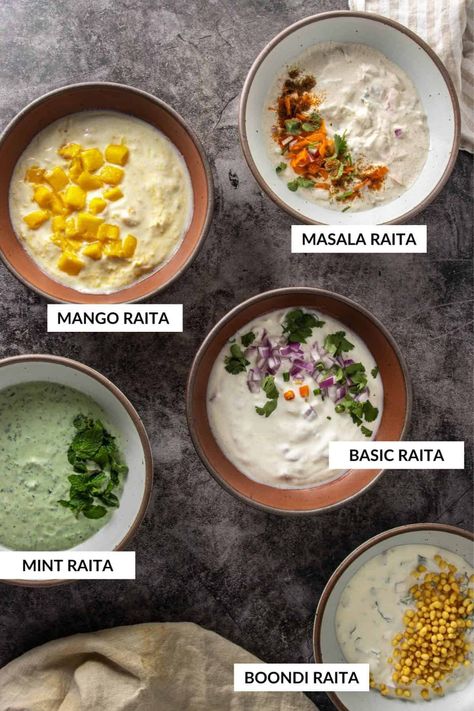 India raita is a yogurt condiment that is ultra refreshing and perfect for the summer. It's a great side for any Indian curry! There are three variations included in this post including a traditional version, a mint raita and a boondi raita Indian Yogurt Sauce Recipe, Indian Raita Recipe, Healthy Desi Food, Summer Indian Food, Indian Summer Recipes, Cucumber Raita Recipe Indian, Dinner Ideas Vegetarian Indian, Indian Dishes Vegetarian, Indian Food Recipes Vegetarian Dinners