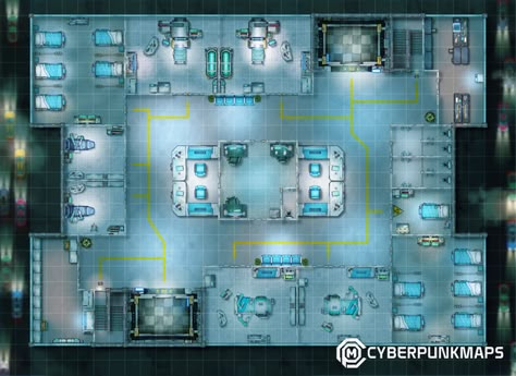 Hospital Battlemap, Dnd Hospital Map, Dnd Laboratory Map, Cyberpunk Items, Sci Fi Base Battlemap, Cyberpunk Background, Space Station Battle Map, Space Station Map Rpg, Cyberpunk Ttrpg