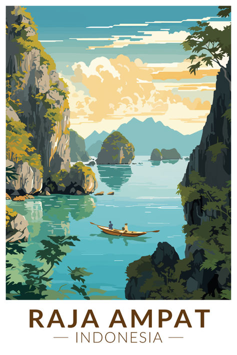 Vintage-style poster showcasing the breathtaking landscapes of Raja Ampat in Indonesia, perfect for travel-inspired home decor Travel Poster Illustration, Asia Drawing, Banda Neira, Boat Travel, West Papua, Raja Ampat, Indonesian Art, Old Advertisements, Travel Illustration