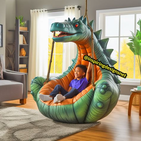 These Hanging Dinosaur Loungers Will Have Your Kids Swinging into the Jurassic Age! Hanging Dinosaur Lounger, Dinosaur Chair, Healthy Shots, Expo Ideas, Dinosaur Head, Kids Labels, Ancient Tree, Outdoor Decorations, Stone Texture