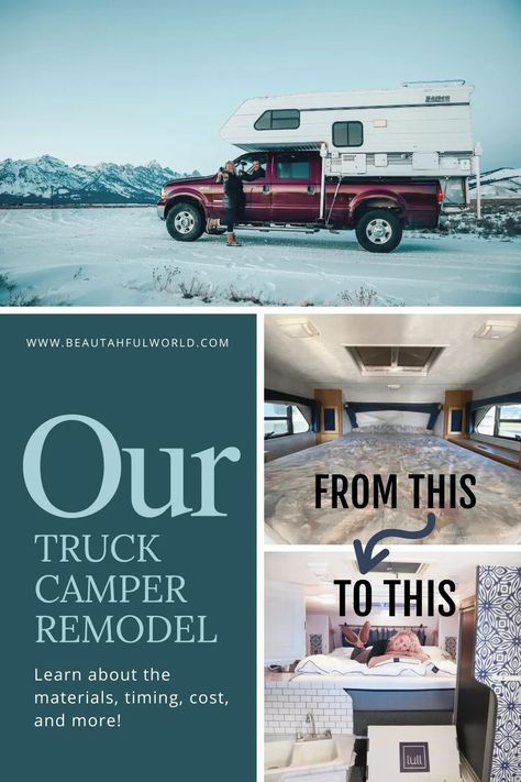 Looking for a way to explore remote places while retaining some modern comforts? This truck camper remodel gives us the ability to bring adventure home. #vanlife #truckcamper camper renovation on a budget, camper renovation ideas, camper renovation color scheme, camper renovation diy, camper renovation before after, truck camper interior, truck camper makeover, truck camper ideas, truck camper renovation, vanlife interiors Truck Camper Remodel Interiors, Cab Over Camper Remodel, Camper Renovation On A Budget, Truck Camper Makeover, Truck Camper Ideas, Truck Camper Renovation, Diy Camper Renovation, Truck Camper Interior, Truck Camper Remodel