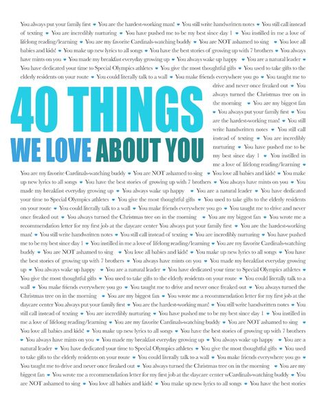 40 THINGS We Love About You 40th Birthday 40th Birthday Gift | Etsy 40th Birthday Gift For Men, Husband 40th Birthday, New Lyrics, Hard Working Man, Oliver And Company, Gifts For Uncle, Love You Dad, You Are My Favorite, Handwritten Notes