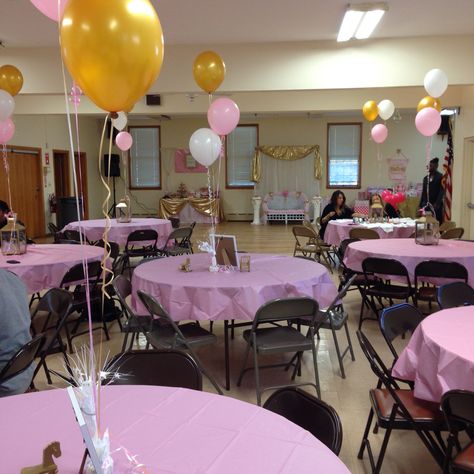 Pink and gold Royal baby shower table set up party Baby Shower Guest Table Set Up, Baby Shower Round Table Set Up, Pink And Gold Table Setting Birthdays, Pink And Gold Baby Shower Table Setting, Pink Table Cloth With Gold Runner, Princess Baby Shower Table Centerpieces, Baby Shower Table Set Up, Princess Theme Backdrop Pink And Gold, Baby Shower Photo Booth