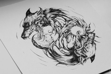 Hati and Skoll tattoo Skoll Hati Tattoo, Bf Tattoos, Norse Wolf, Fenrir Tattoo, Skoll And Hati, Arte Viking, Wolf Tattoos Men, Tier Tattoo, Wolf Tattoo Sleeve