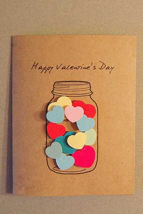 Hearts in a Jar Card:  Simply attach the hearts to the inside of an illustrated Mason jar for a quick but eye-catching Valentine. Selamat Hari Valentine, Kartu Ulang Tahun Diy, Hadiah Valentine, Diy Valentines Cards, Kartu Valentine, Homemade Valentines, Buku Skrap, Handmade Valentine, Birthday Cards Diy