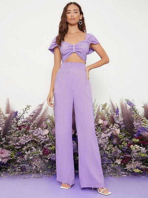 Palazzo Crop Top, Purple Palazzo Set For Eid, Elegant Purple Palazzo Set For Festivals, Festive Purple Palazzo Set, Semi-stitched Purple Palazzo Set For Eid, Eid Semi-stitched Purple Palazzo Set, Mint Pants, Palazzo Pants Outfit, Purple Two Piece